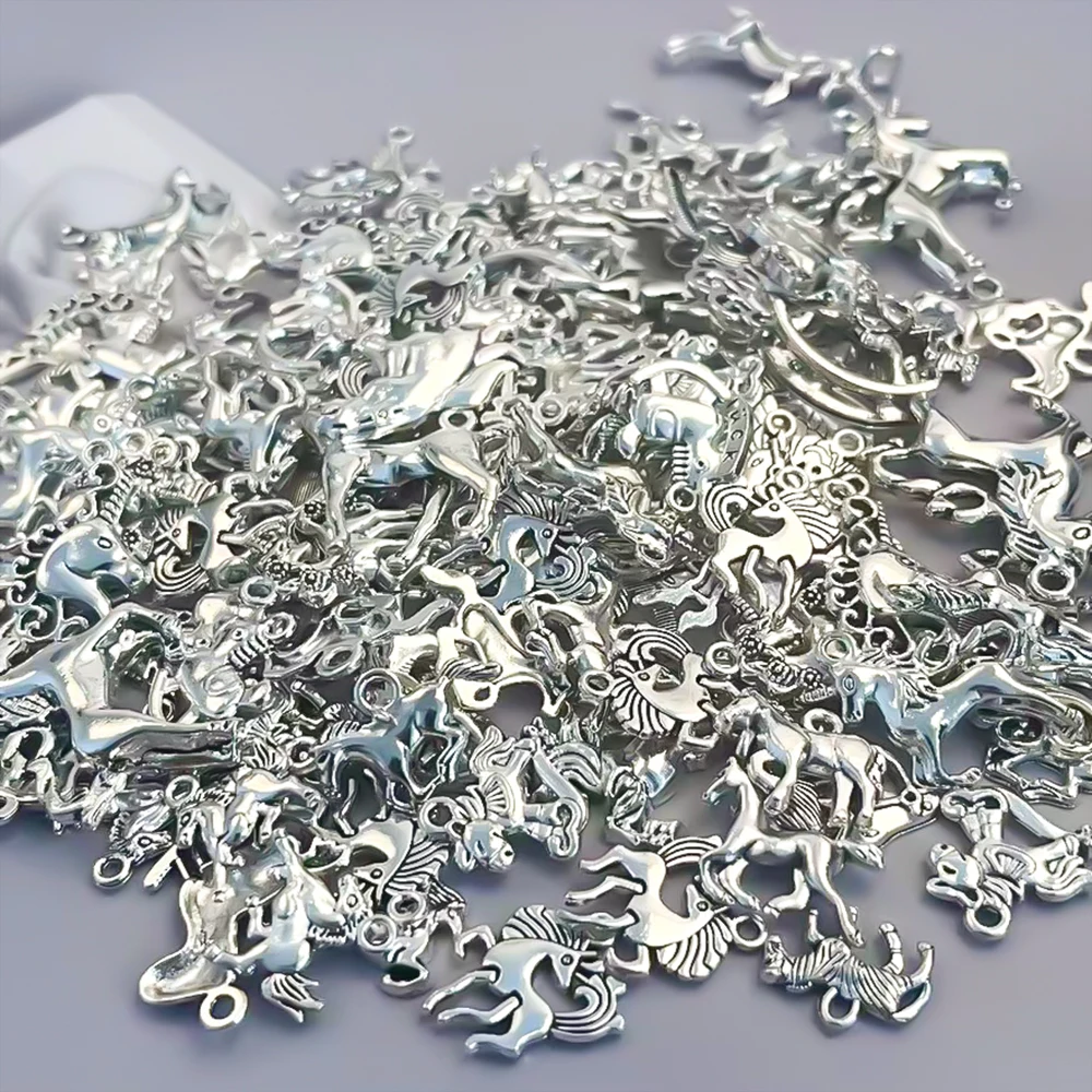 30/50/100pcs/Lot Alloy Charms Pegasus Antique Silver Pendants DIY Bracelet Necklace Jewelry Making Random  Animal Horse Series