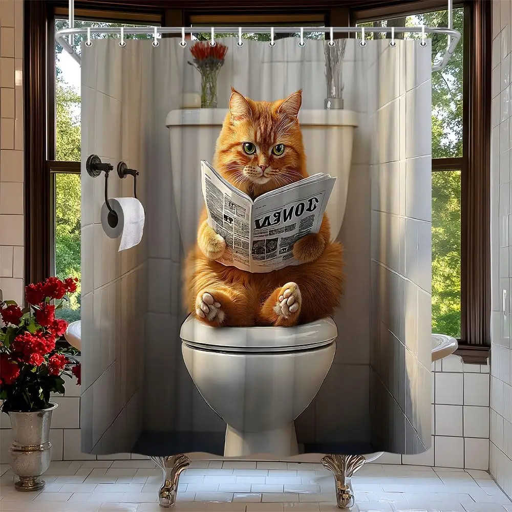 مضحك القط دش الستار البرتقالي القط على المرحاض قراءة صحيفة جميل هريرة لطيف الحيوانات الأليفة ستارة حمام النسيج اكسسوارات الحمام #1