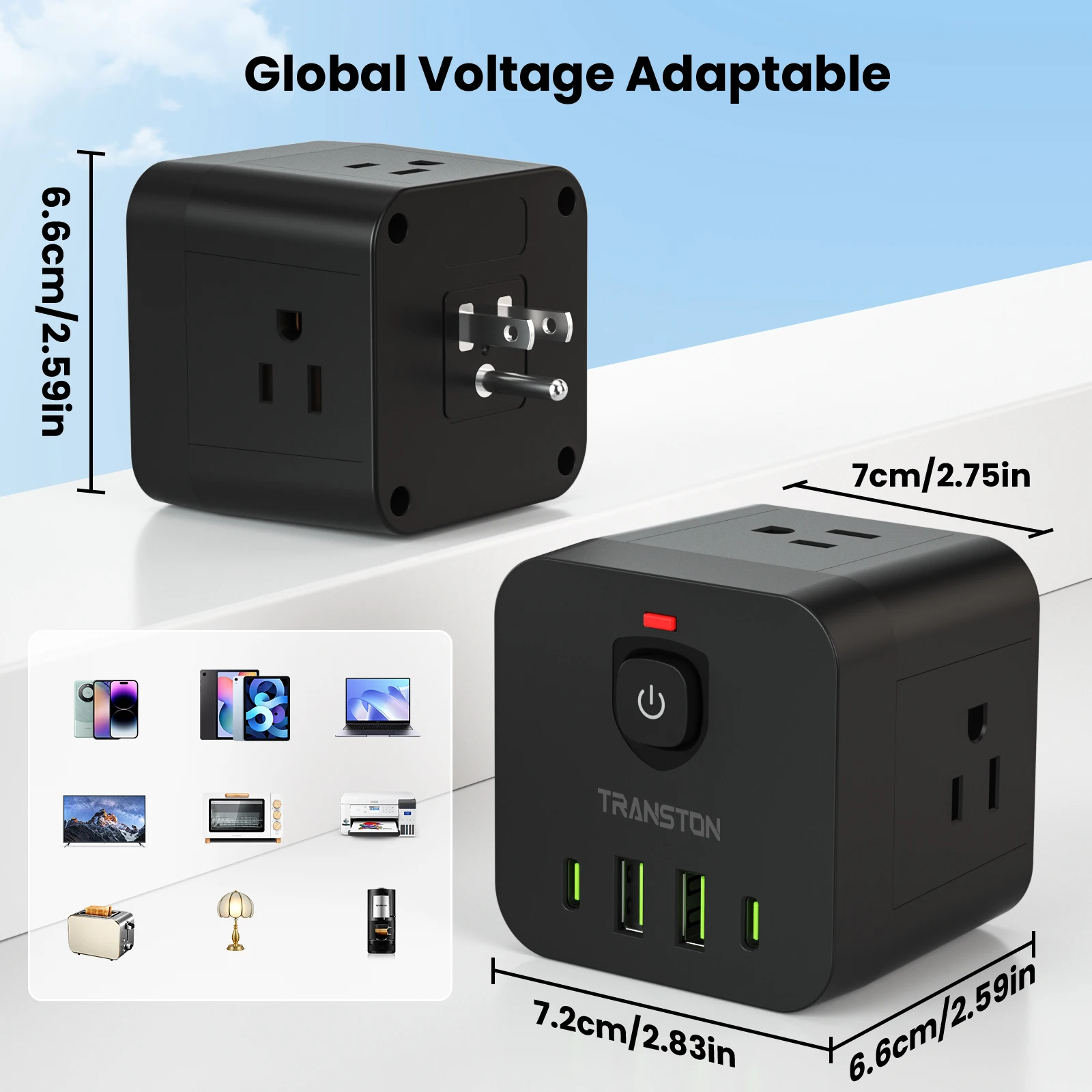 Mini portable cube power socket with surge protector,  4 sockets 2 USB 2 Type-C, suitable for home, travel office, office, Black