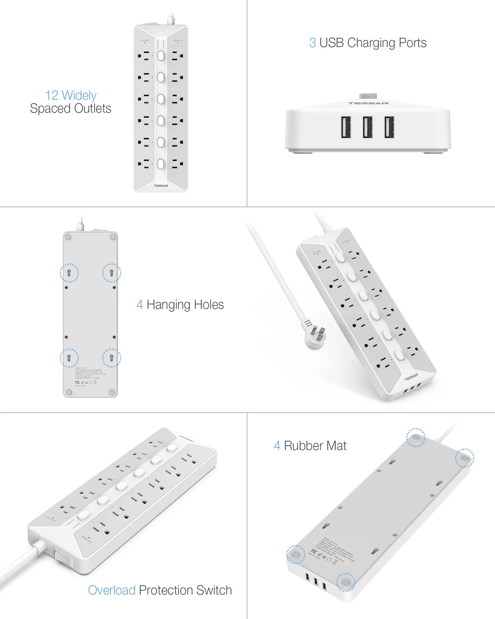 TESSAN USB Power Strip with 12 Outlets 3 USB Ports 6 Independent Switches Long Extension Cord 6ft with Surge Protector for Home