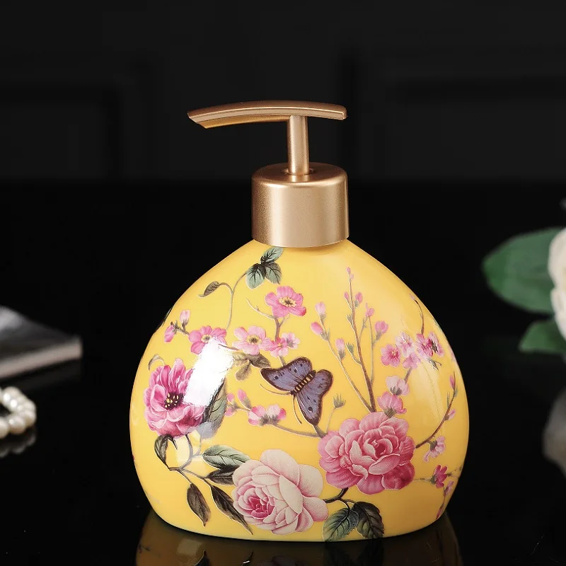 Yellow Flower Bird Ice Cracked Ceramic Soap Dispenser, Bathroom Supplies, Shampoo Bottle, Home Hotel Shower Gel Bottling Bottle