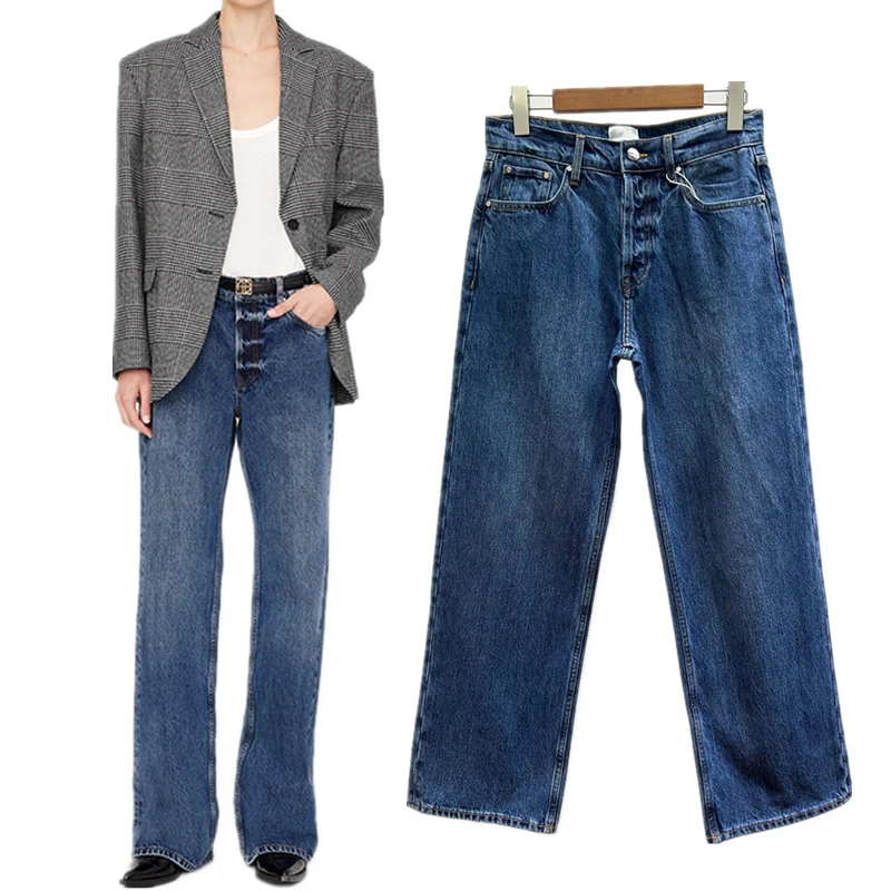 

Dave&Di 2025 Fashion Ladies Minimalist Women's Jeans Retro High Waisted Button Deep Blue Straight Leg Denim Pants For Women