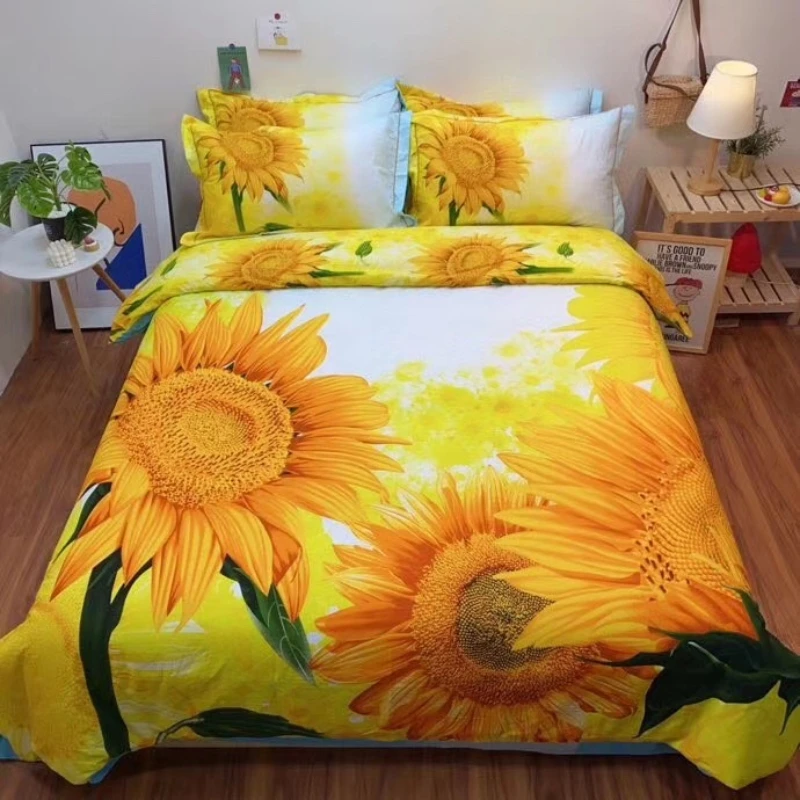 Four-Piece Cotton 3d Printing Plant Flower Bed Sheet Active Sunflower Quilt Cover Double Bed Supplies Heat Preservation and Warm