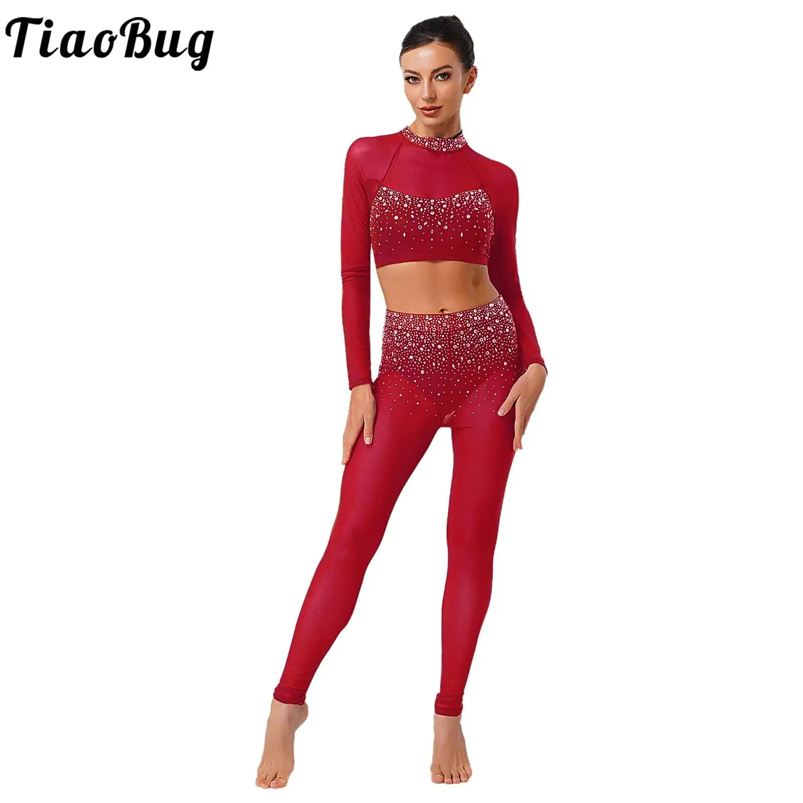 

Womens Glittery Rhinestone Dance Outfits Skating Ballet Long Sleeve Crop Top and Leggings Dancewear for Gymnastics Workout Yoga