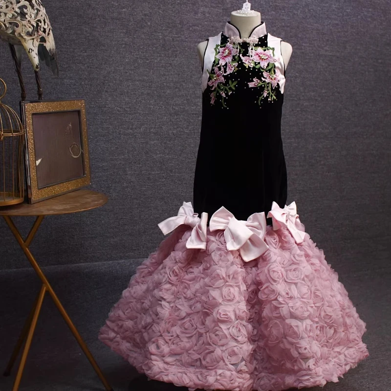 Kids Girls Mermaid Puffy Dress Black Pink Color Block Formal Performance Gown Clothes Chinese Style Gown for Guzheng Pipa Host