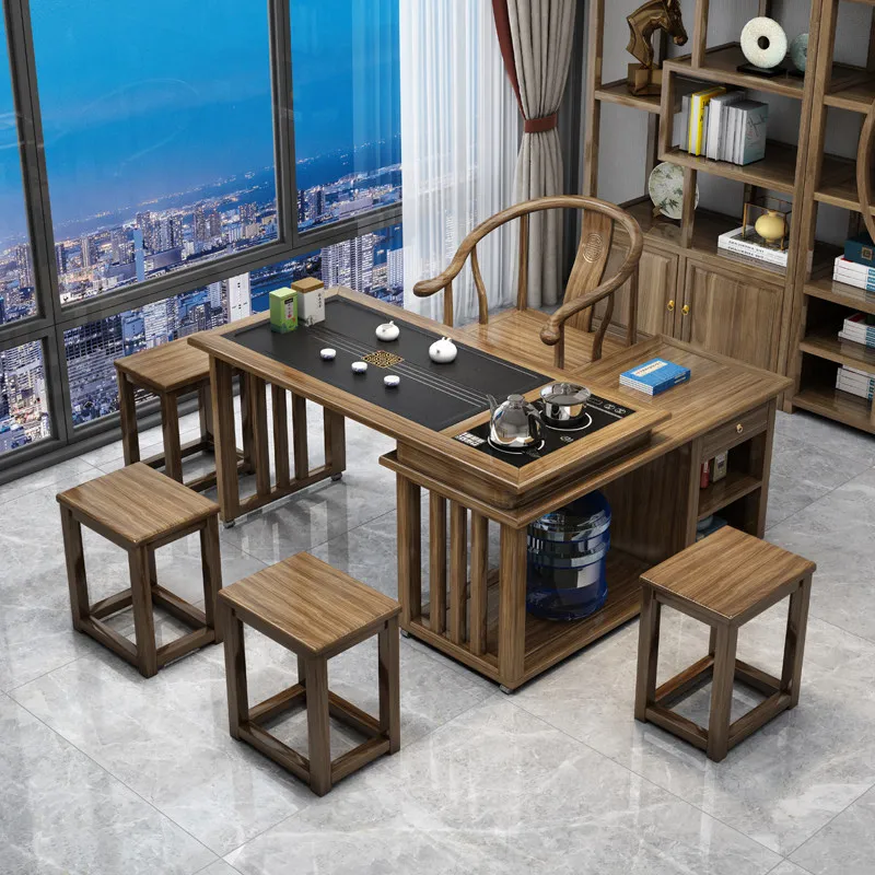 Solid wood rotating tea table and chair combination balcony household mobile tea table drinking tea table
