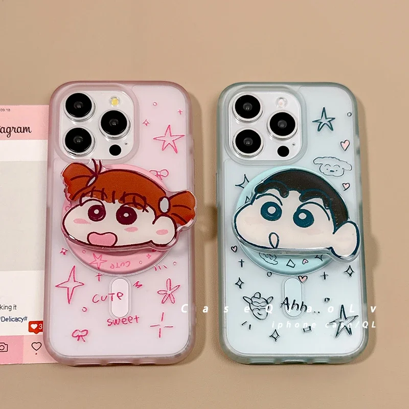 Japón Anime Crayon Shin chan soporte de agarre magnético Magsafe funda de teléfono de carga inalámbrica para iPhone 16 15 14 13 12 Pro Max cubierta