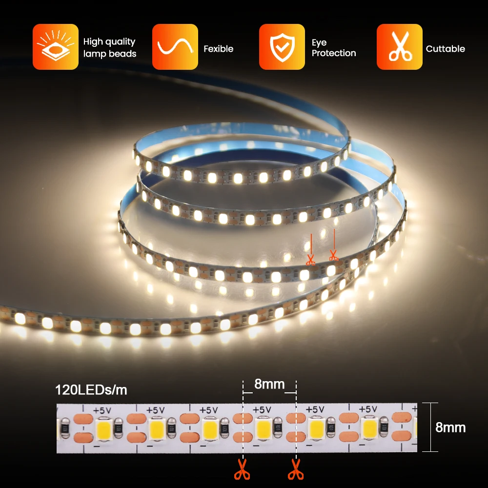 5 V 2835 LED-Streifenlicht, 3 mm, 5 mm, 8 mm, Leiterplatte, Breite 120 LEDs/m, flexibles LED-Band, Banddiode, USB/2PIN-Draht, LED-Leuchten für Raumdekoration