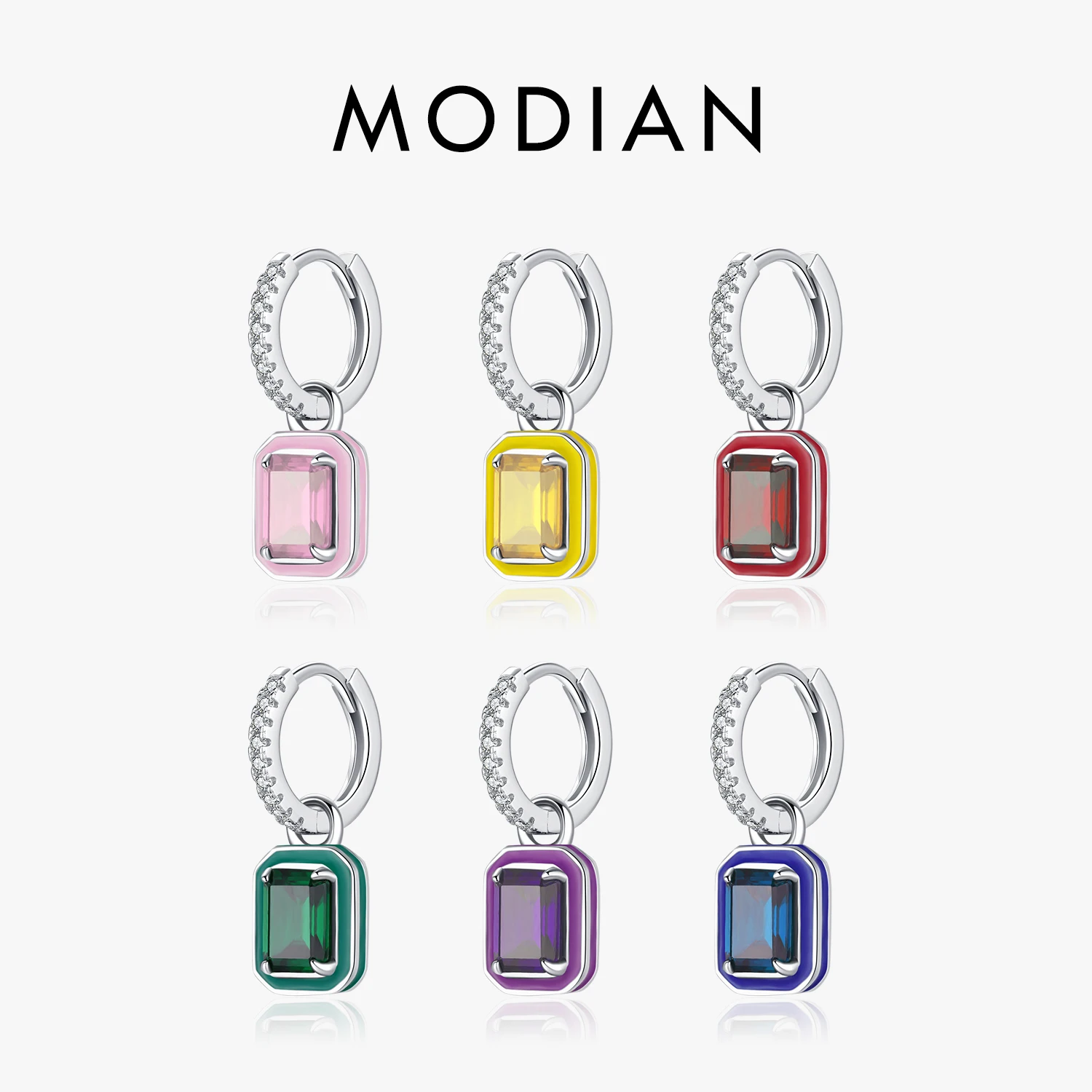 

MODIAN 925 Sterling Silver Rainbow Colorful Enamel Hoop Earrings Charm Luxury Rectangle Zirconia Ear Buckles For Women Jewelry