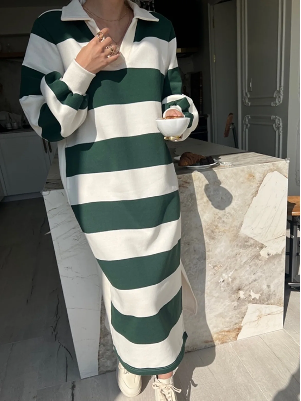 

Women's Striped Dr Casual Long Sve Straight Cut Sweatirt Dr Spring Autumn New Sle Korean Loose Base Skirt