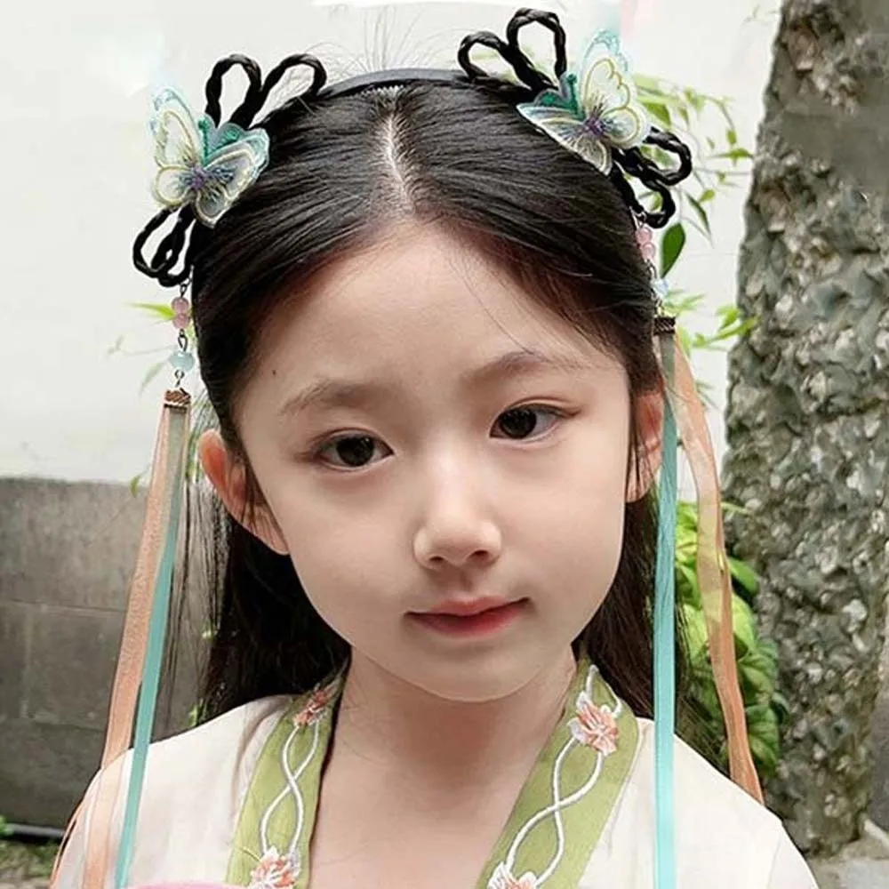 

Chinese Style Butterfly Ribbon Headband Exquisite Embroidery Beads Wigs Braided Hair Hoop Bow Tassel Hair Bands for Children