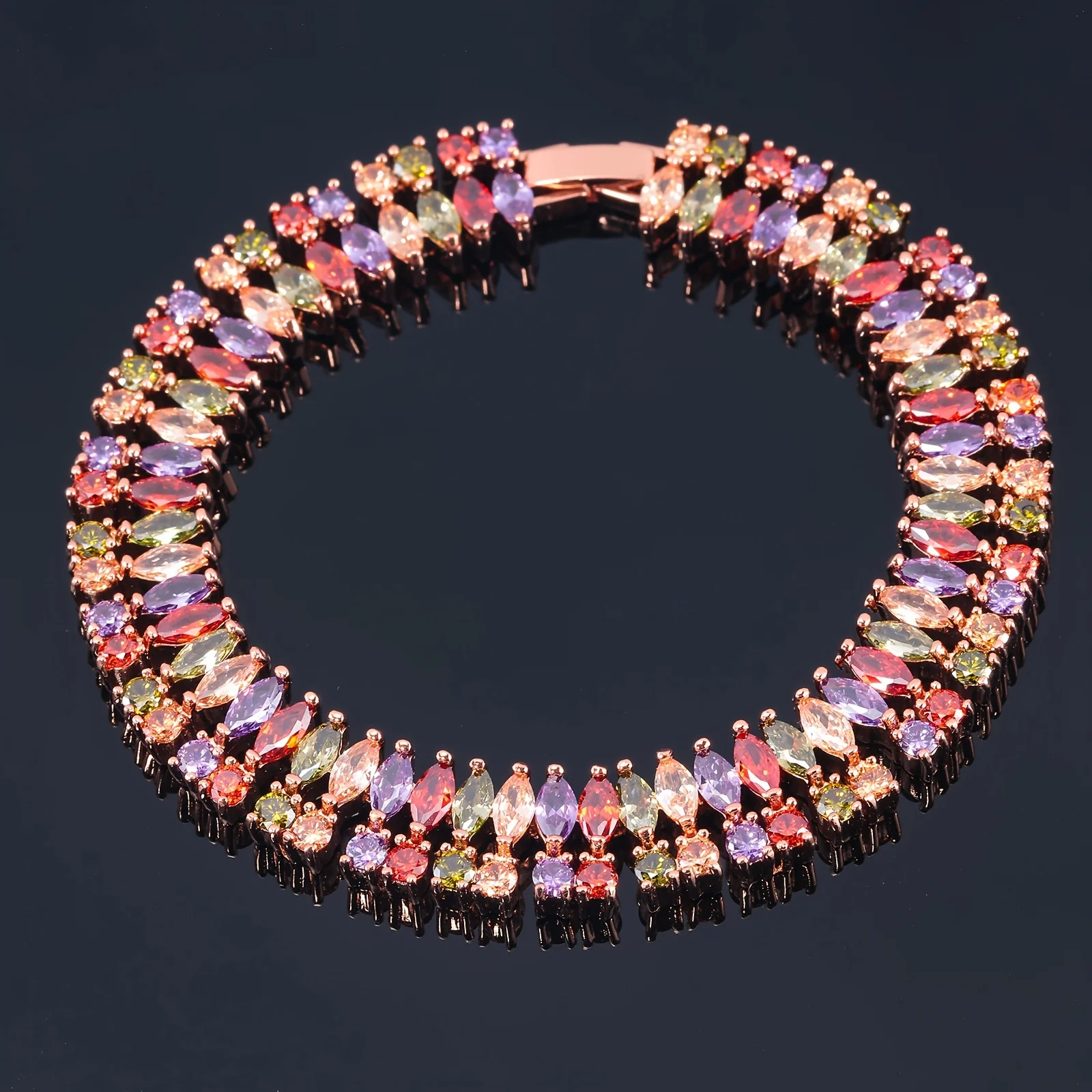 Delicate Multigem Double-deck Chain Bracelets Rose Gold Plated Round and Horse eyes-Shape Zircon Bracelet for Women Jewelry Gift