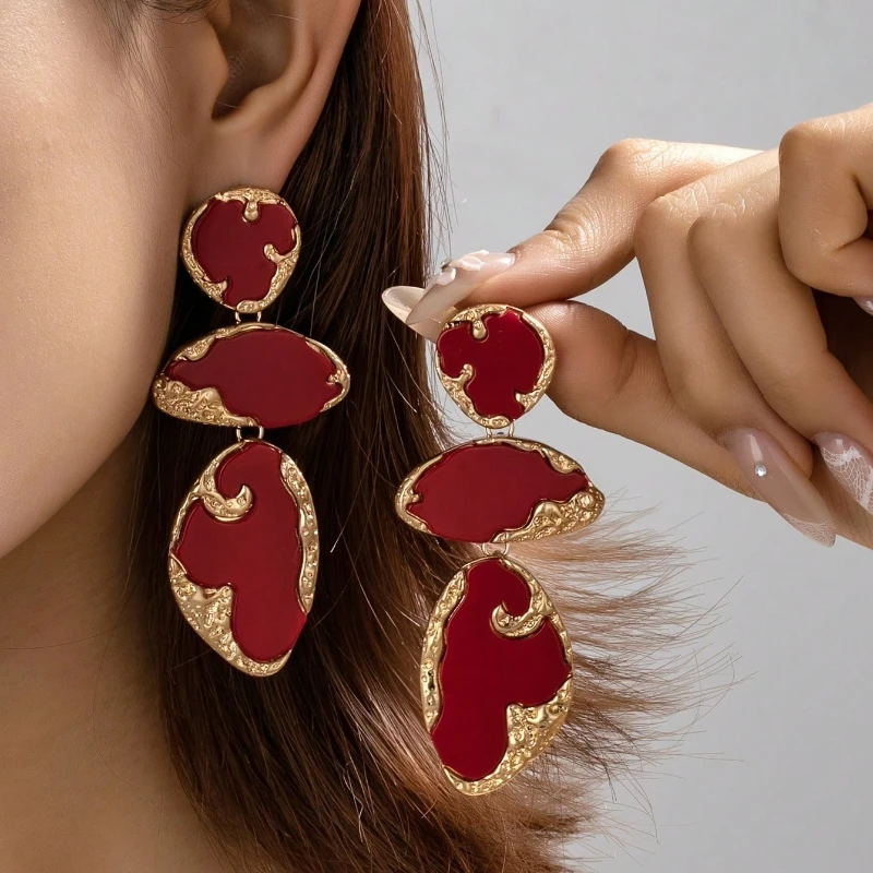 Vintage Red Gold Color Geometric Drip Earrings Abstract Irregular Shaped Pendant Earrings Ladies' Banquet Party Jewelry Gifts