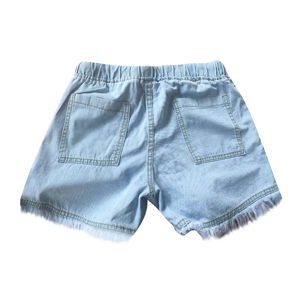 Women\'s Washed Denim Shorts Casual Drawstring Elastic Waist Frayed Hem Loose Short Jeans Tassel Bottom Clothing Pocket Pants