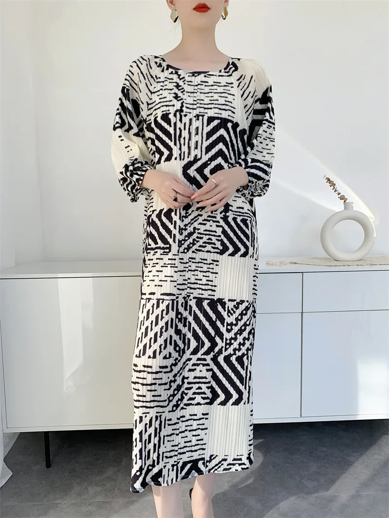 Miyake robe imprimée plissée 2025 printemps et été nouvelles femmes imprimé français rayure tempérament robes longues