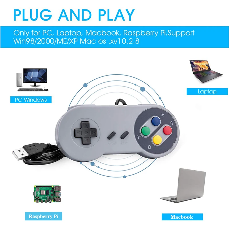 Controlador de mando USB con cable para PC, portátil, Windows SNES, Joystick USB Retro, Joypad para Mac OS X Raspberry Pi Retropie