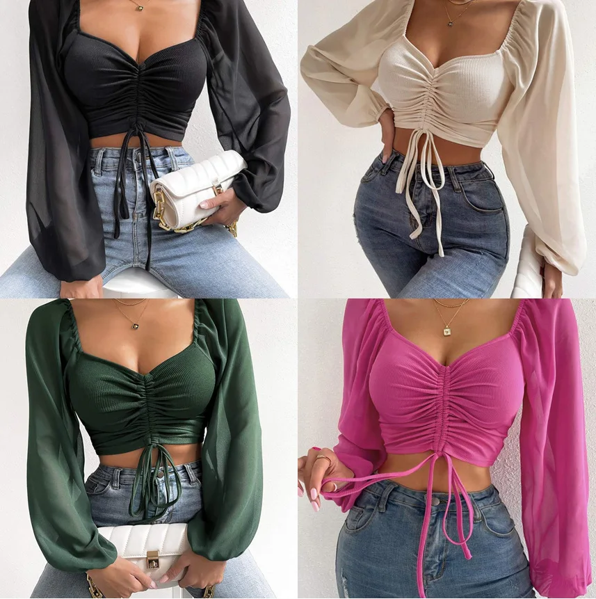 Fashion Sexy Tops For Women 2024 New V-neck Drawstring Lantern Sleeves Tight Solid Pullovers