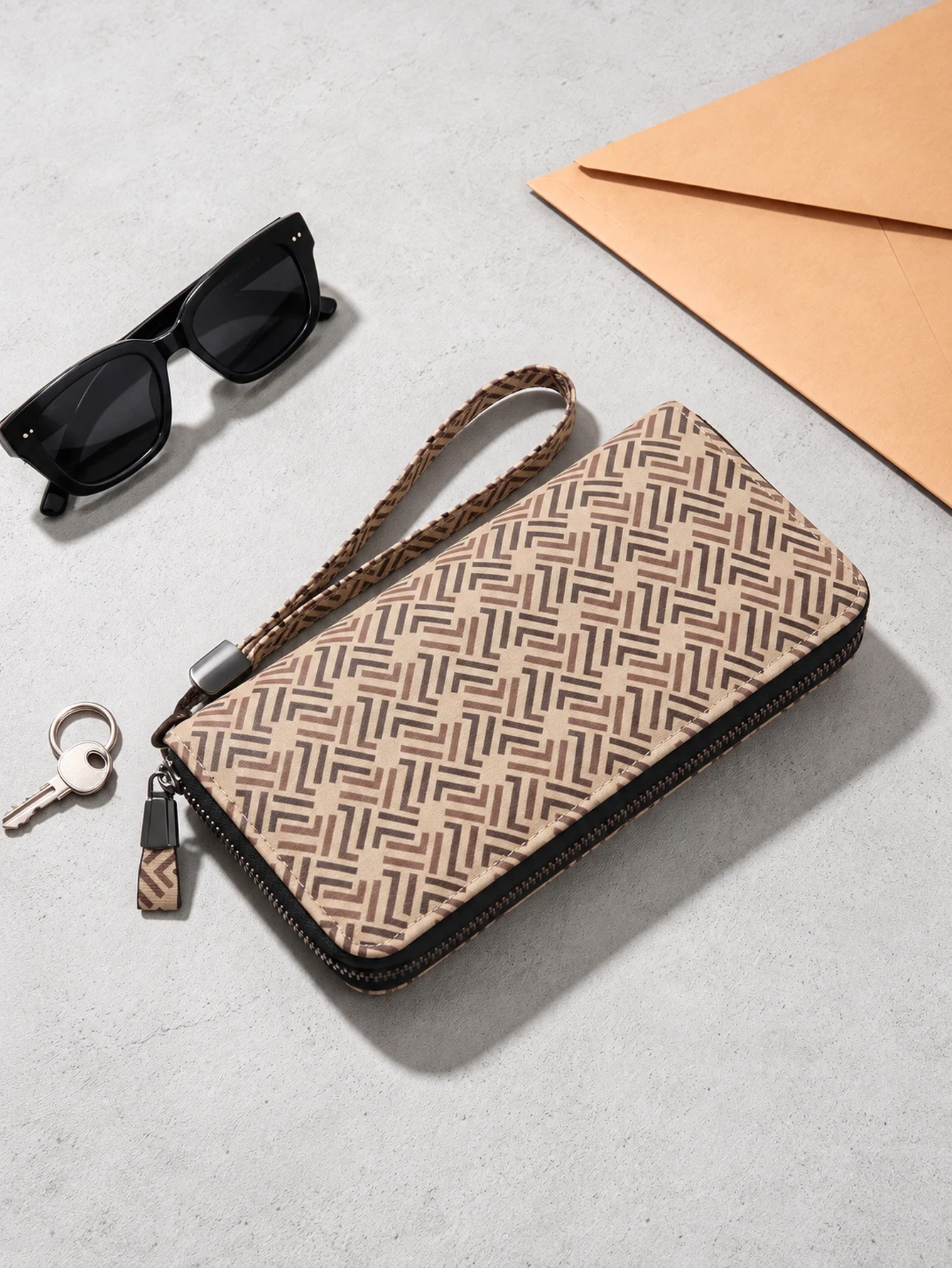 Women's PU Leather Long Wallet, Geometric Print Zip Around Wristlet, Large Capacity Clutch with 8 Card Slots and Coin Pocket