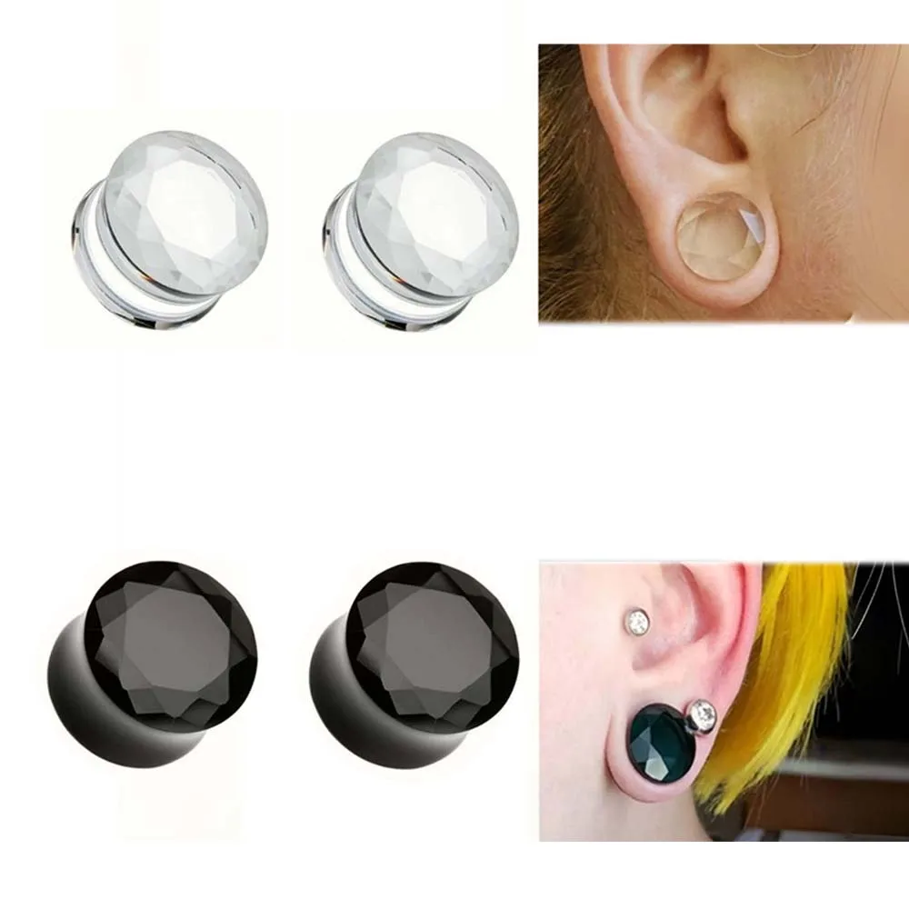 2 Stück klare facettierte Doppel-Flare-Glasstopfen, Ohr-Pearing-Tunnel, Ohr-Expander, Körperschmuck, 6–19 mm – Detail 1