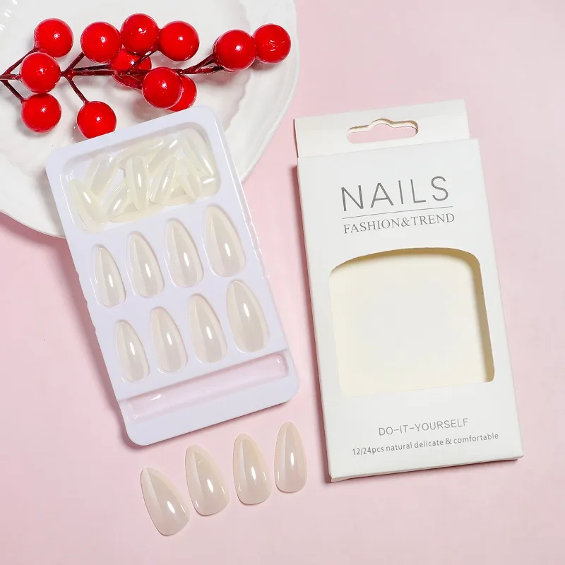 24 Pcs Simple False Nails White Glossy High Quality Press on Nails with Charms Korean Reusable Adhesive Nail Art with Tools 2025