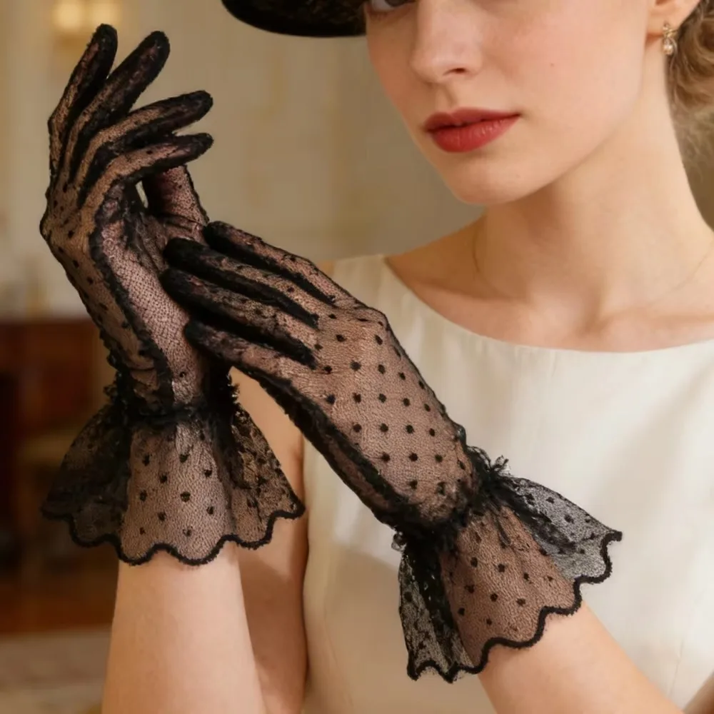 UV Protection Summer Gloves for Women Black White Fishnet Mesh Ruffle Lace Design Outdoor Sun Protection