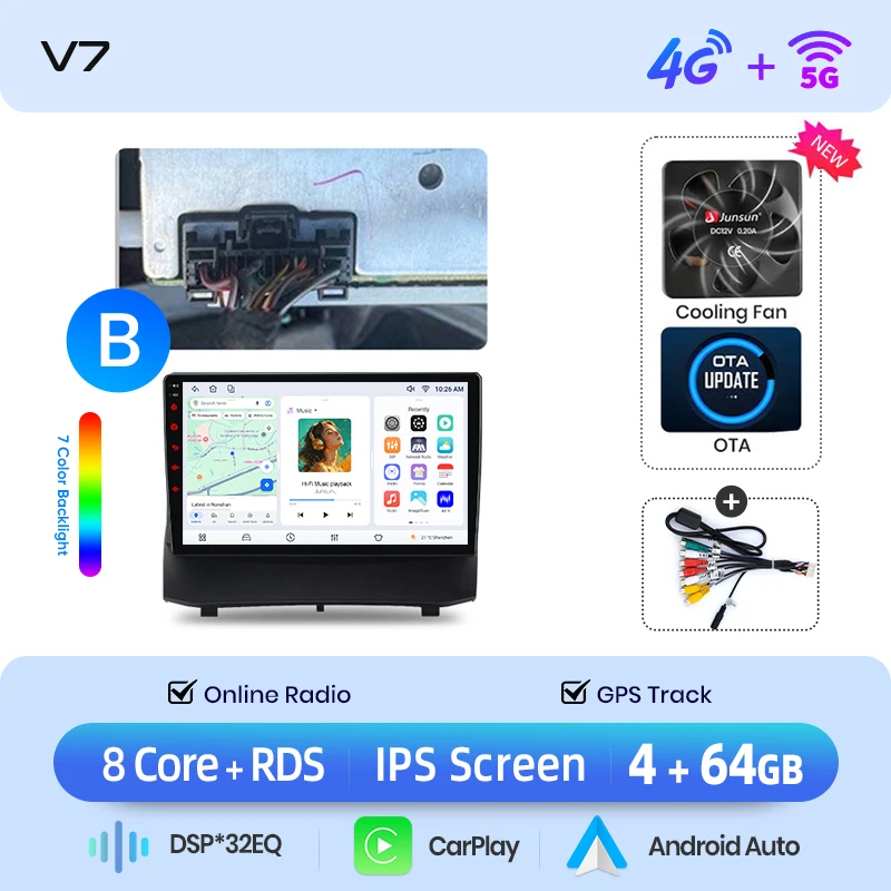 Junsun draadloze CarPlay Android Auto autoradio voor Ford Fiesta Mk7 (JA8/JR8) 2008-2017 met ingebouwde koelventilator, Android GPS navigatie, multimediaspeler, WiFi, DSP, RDS, BT, SWC, IPS