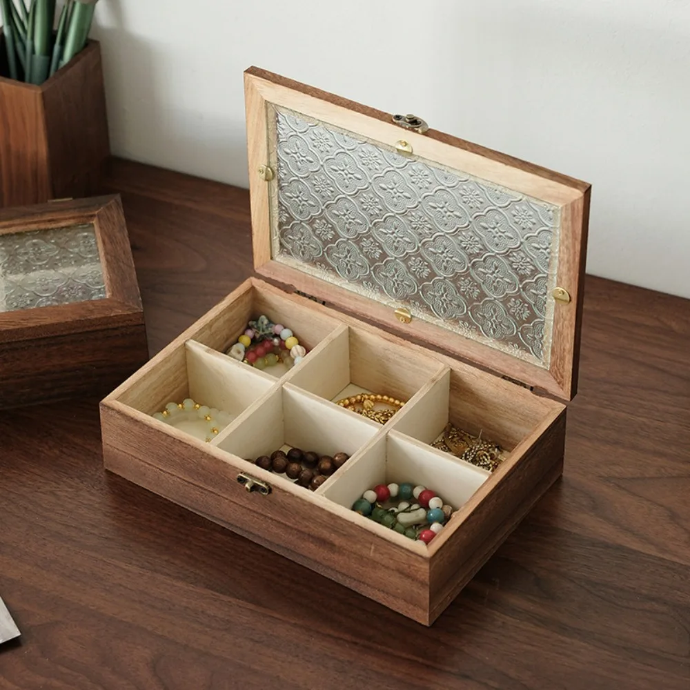 

Vintage Wooden Jewelry Storage Box Crabapple Flower Desktop Sorting Glass Cover Jewelry Box Flip Cover Decorative