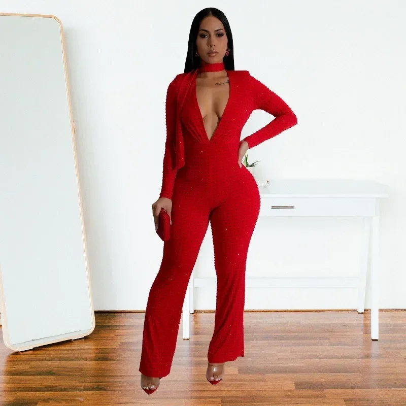 KEXU 2025 Tute da donna con scollo a V a maniche lunghe Pagliaccetti con strass Shinny One Piece Abiti da festa sexy per night club con sciarpa