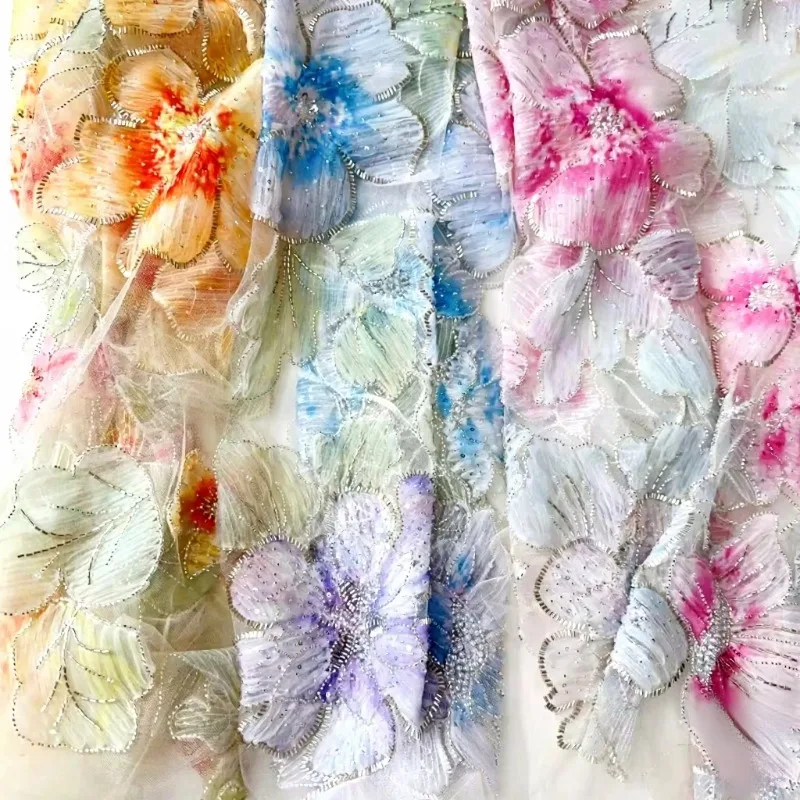 温かみのある流れるような光の花柄タイダイメッシュ生地、肌に優しい漢服ドレス素材、敦煌の色。