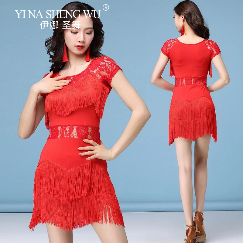 Latin Dans Jurk Vrouwen Sexy Mesh Splicing Kwastje Korte Jurk Volwassen Ballroom/Tango/Salsa/Rumba Concurrentie Prestaties kostuum