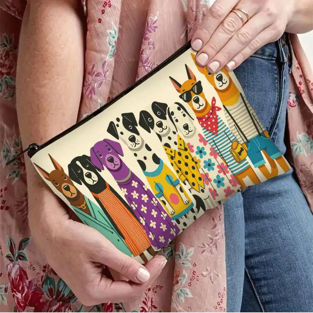 Fashion Dressed Dogs Zipper Makeup Bag Funny Multi‑Breed Puppy Retro Cartoon Print Cosmetic Pouch Portable Ladies Storage Purse