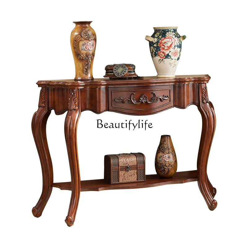 

European solid wood entrance table American semicircular entrance table with drawers sofa back