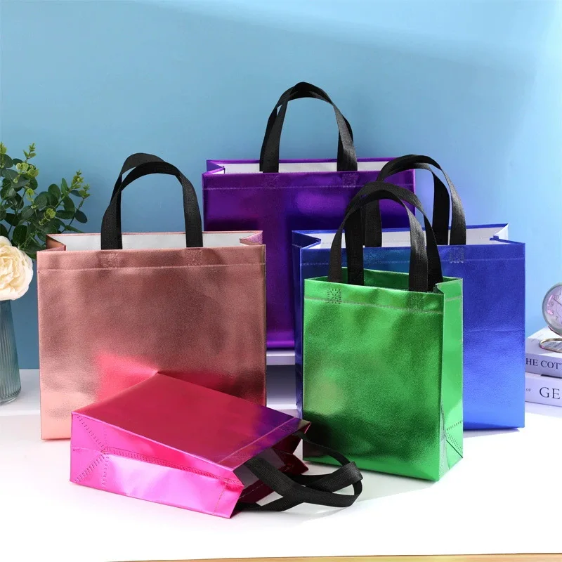 Non Woven Laser Tote Bag Reusable Shopping Grocery Handbag Eco Friendly Gift Bag Solid Color Heavy Duty Shoulder Bag for Women
