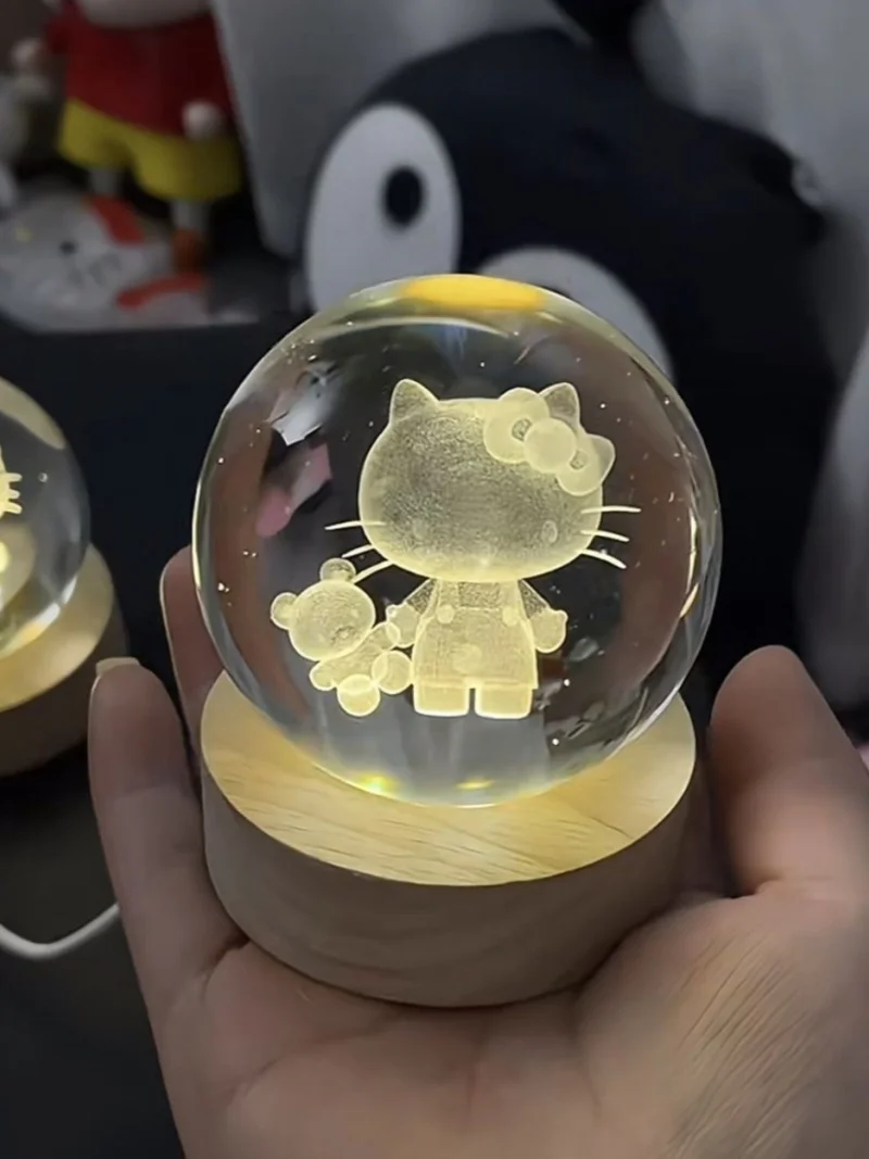 Bola de cristal brillante con luz nocturna, bola de cristal creativa de dibujos animados de Hello Kitty Cat para mujer, mejor amiga, regalos de cumpleaños y graduación