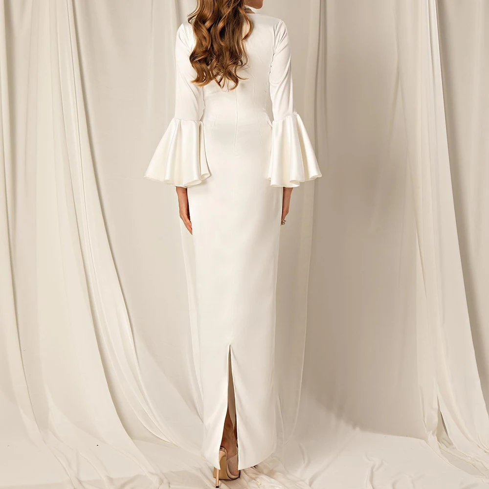 Sexy Satin Flare sleeves Straight Evening Dress Temperament Floor Length V-Neck 3/4 Sleeves فساتين سهره نسائيه فخمة