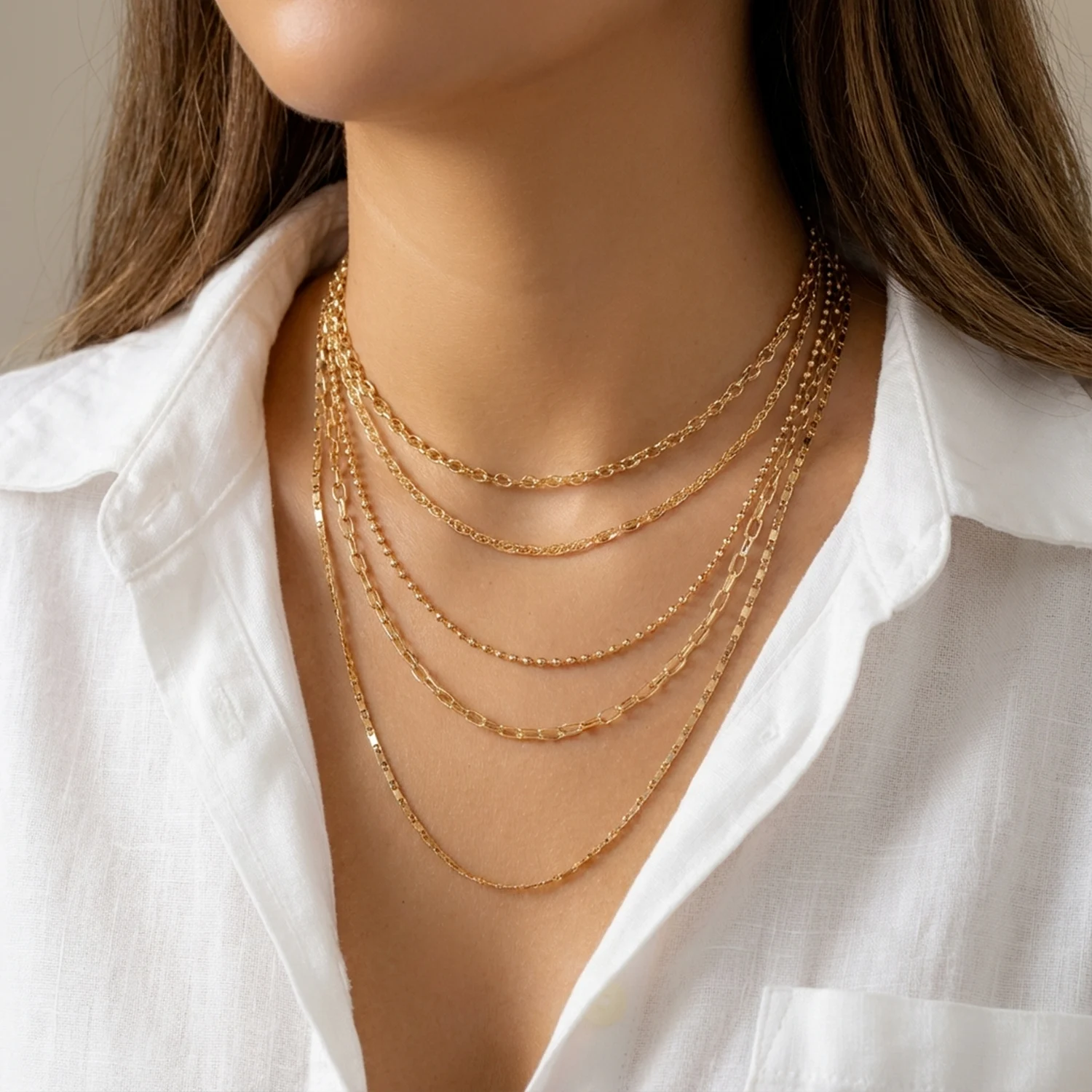 5 teile/satz Einfache Mode Perle Kette Halsketten Für Frauen Gold Farbe Multilayer Metall Halskette Party Täglichen Minimalistischen Schmuck Geschenk