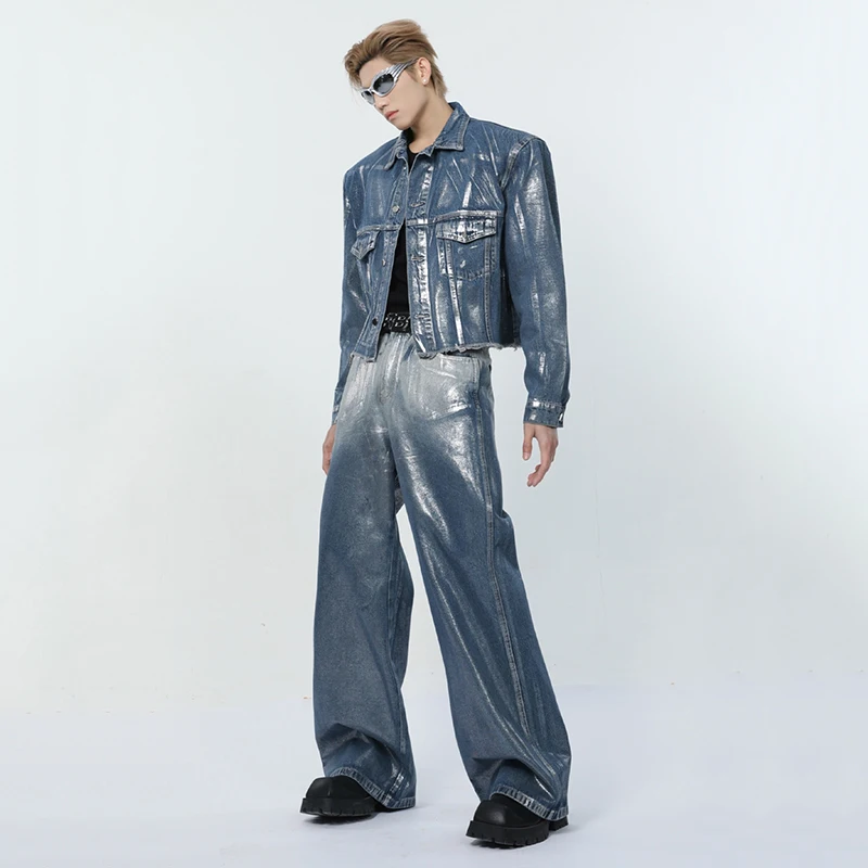 IEFB Niche Style Male Denim Two-piece Liquid State Washing Turn-down Collar Long Sleeve Jackets Worn-out Jeans Summer 9C6544