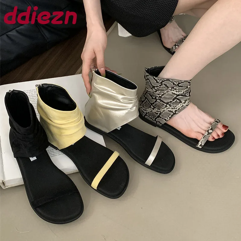 

Fashion Round Toe Ladies Flats Gladiator Sandals Shoes Zippers Female Luxury Designer Footwear Woman Flats Sandals Boots Shoes