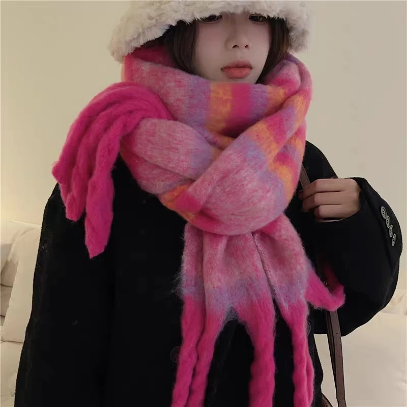 カラフルな起毛フリーススカーフ、特大の豪華な冬用ラップ、柔らかいふわふわのチェック柄スカーフ、女性と男性のための快適なファッションスカーフ