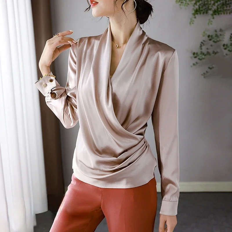 

100% Mulberry Silk V-neck Blouse 23 Luxury Silk Shirt Women's Clothes Elegant Long Sleeve Top Spring Autumn Loose Shirts Blusas