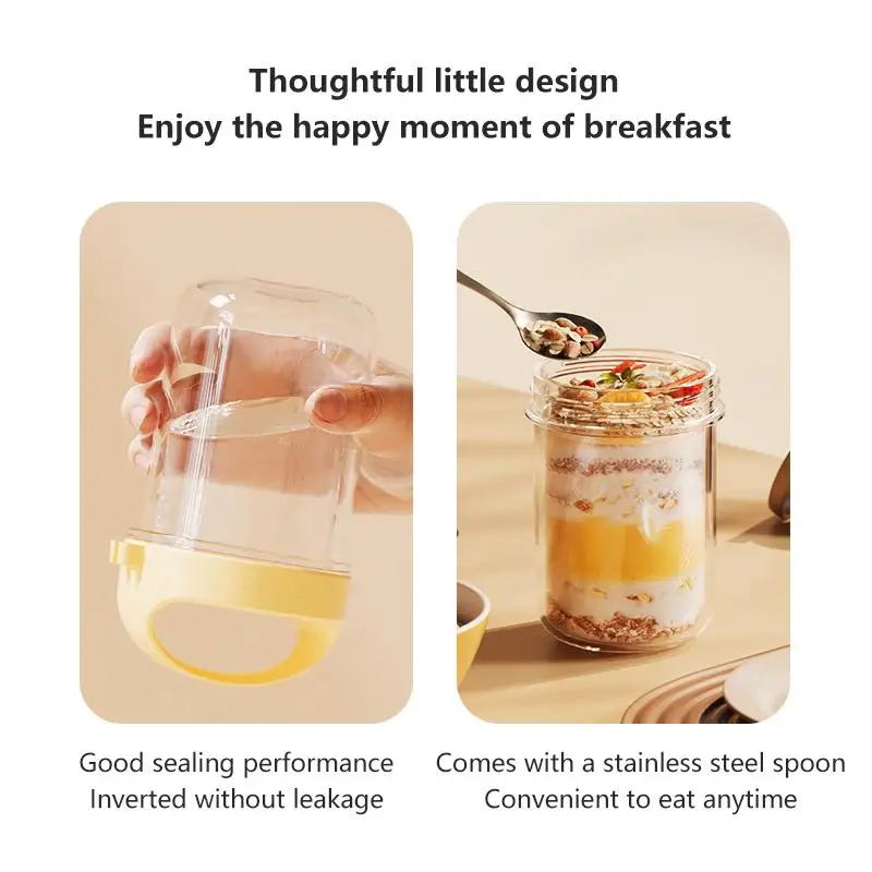 Glass Overnight Oats Container Sealed Lid Stainless Steel Spoon Included for Breakfast Commute Outdoor Carrying