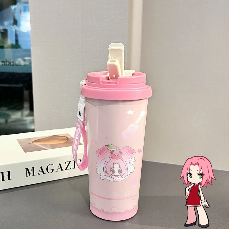 NARUTO Haruno Sakura mercancía de Anime dibujos animados lindo Chibi taza térmica Kawaii Unisex estudiante taza de paja coche taza de agua regalo