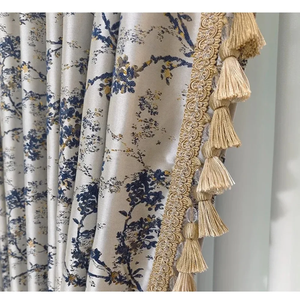 New Chinese Blue Gray Thickened Gold Wire Jacquard Curtains For Living Room Bedroom French Window Balcony Bay Villa Customized