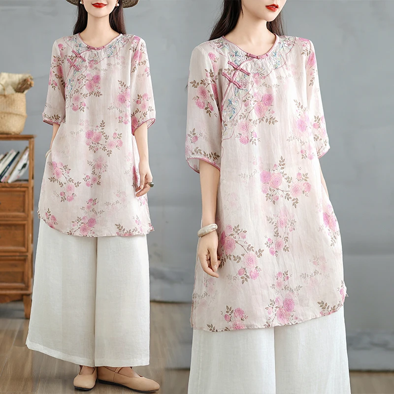 

Spring Summer New Style European Size Large Women's Cotton Embroidered Long Top T-Shirt Base Shirt National Style Artistic Co...