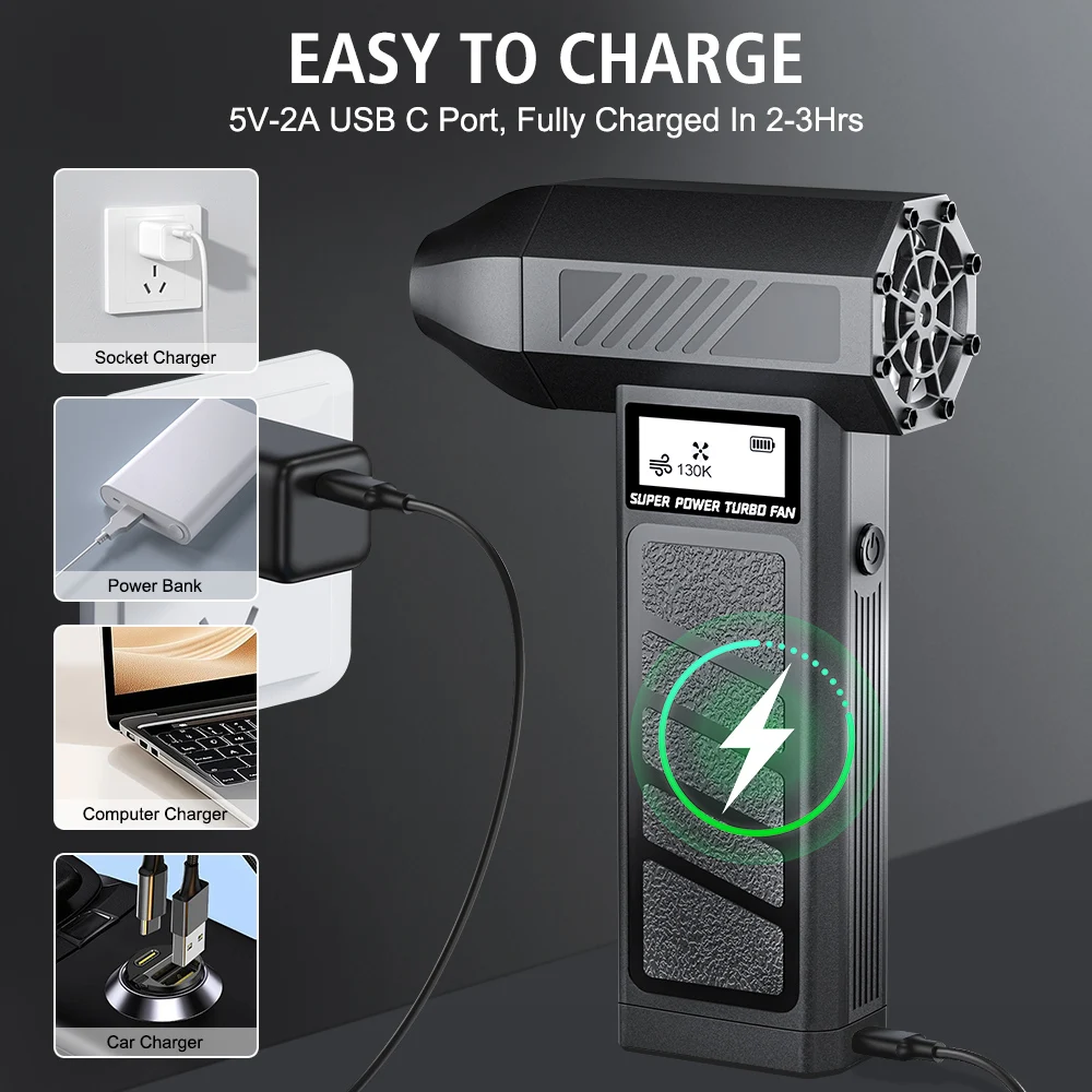 130000RPM Mini Cordless Air Blower Electric Air Duster Cleaning Tool Turbo Fan Portable Car Snow Blowing 4Gears Digital Air Pump