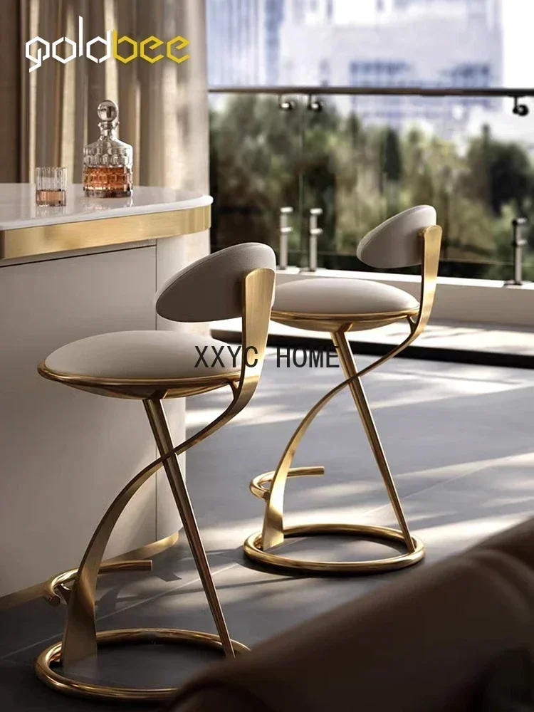 Light luxury modern stainless steel high stool Internet celebrity high-end home island hotel leather art metal bar chair backres