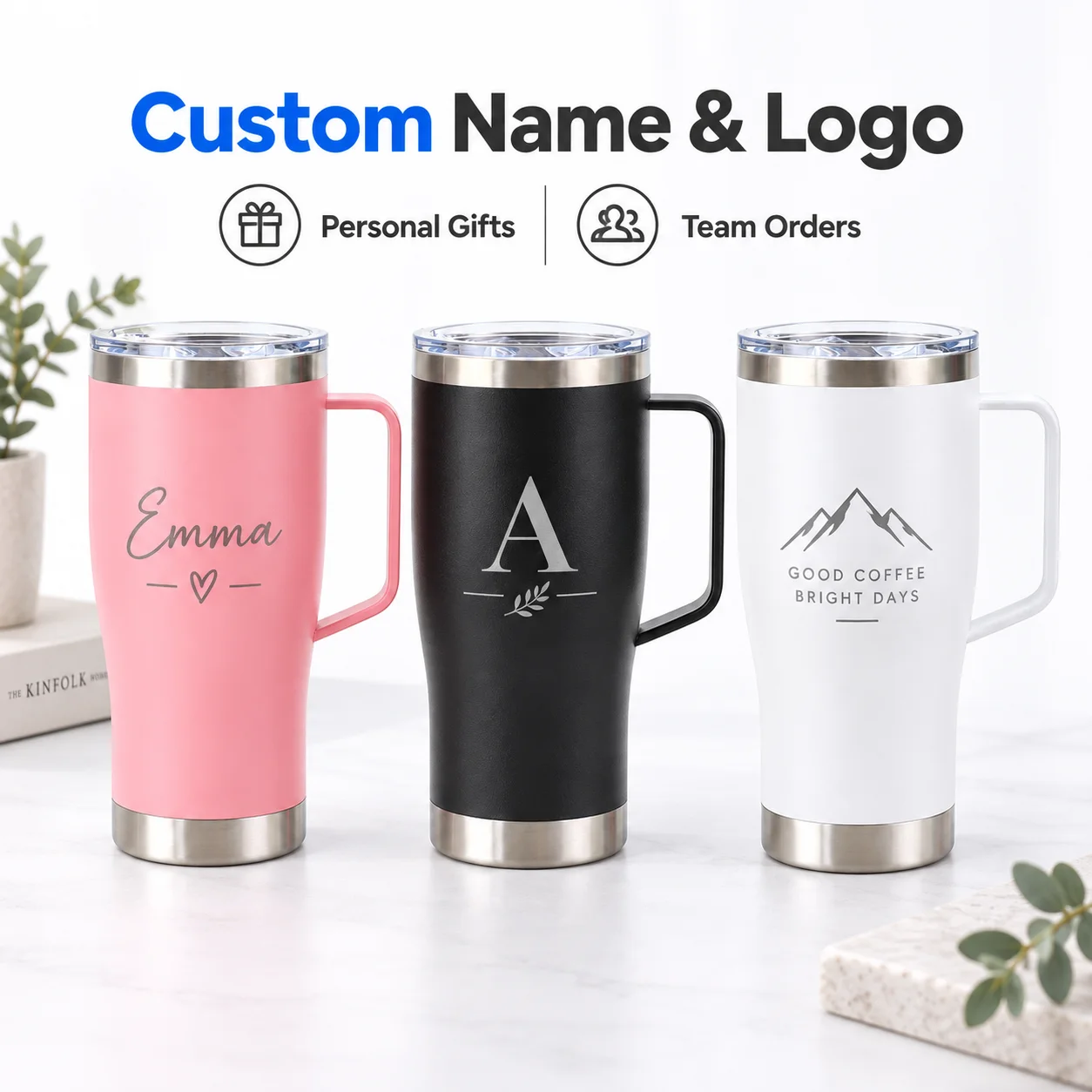 Custom 20oz Stainless Steel Tumbler With Handle Personalized Name Logo Insulated Travel Cup Car Holder Sports Water Bottle Gift