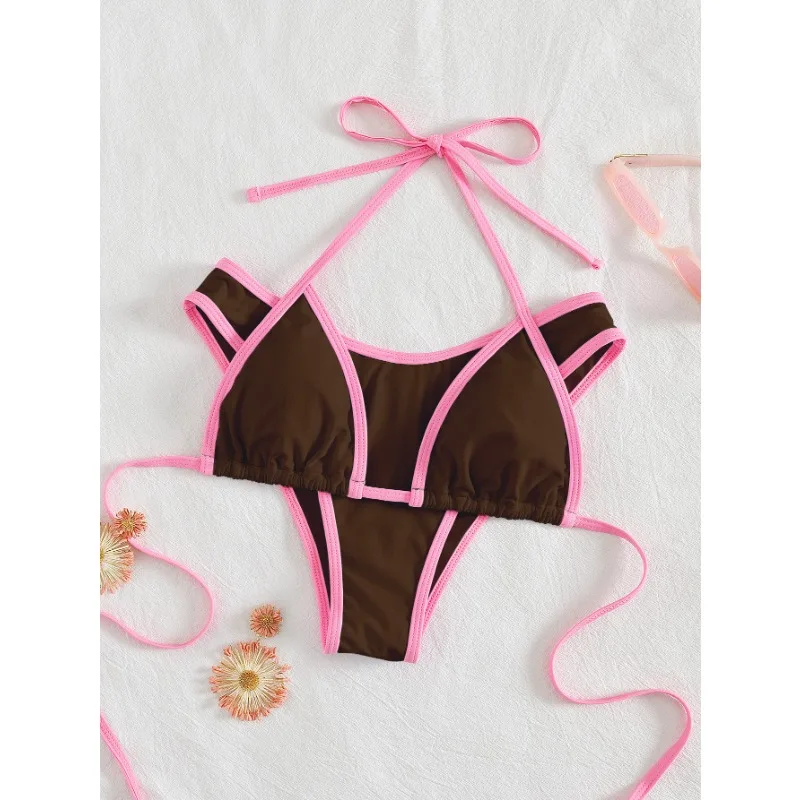ฤดูร้อนชายหาดผู้หญิง Contrast Trim Halterneck One- Piece ชุดว่ายน้ําเซ็กซี่ชุดว่ายน้ําชุดว่ายน้ํา