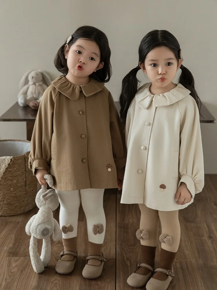 

YOEHYAUL Children's Coat Spring Autumn Cotton Blend Fabric A-Line Midi Length Lantern Sve Pleated Small Collar Pure Color