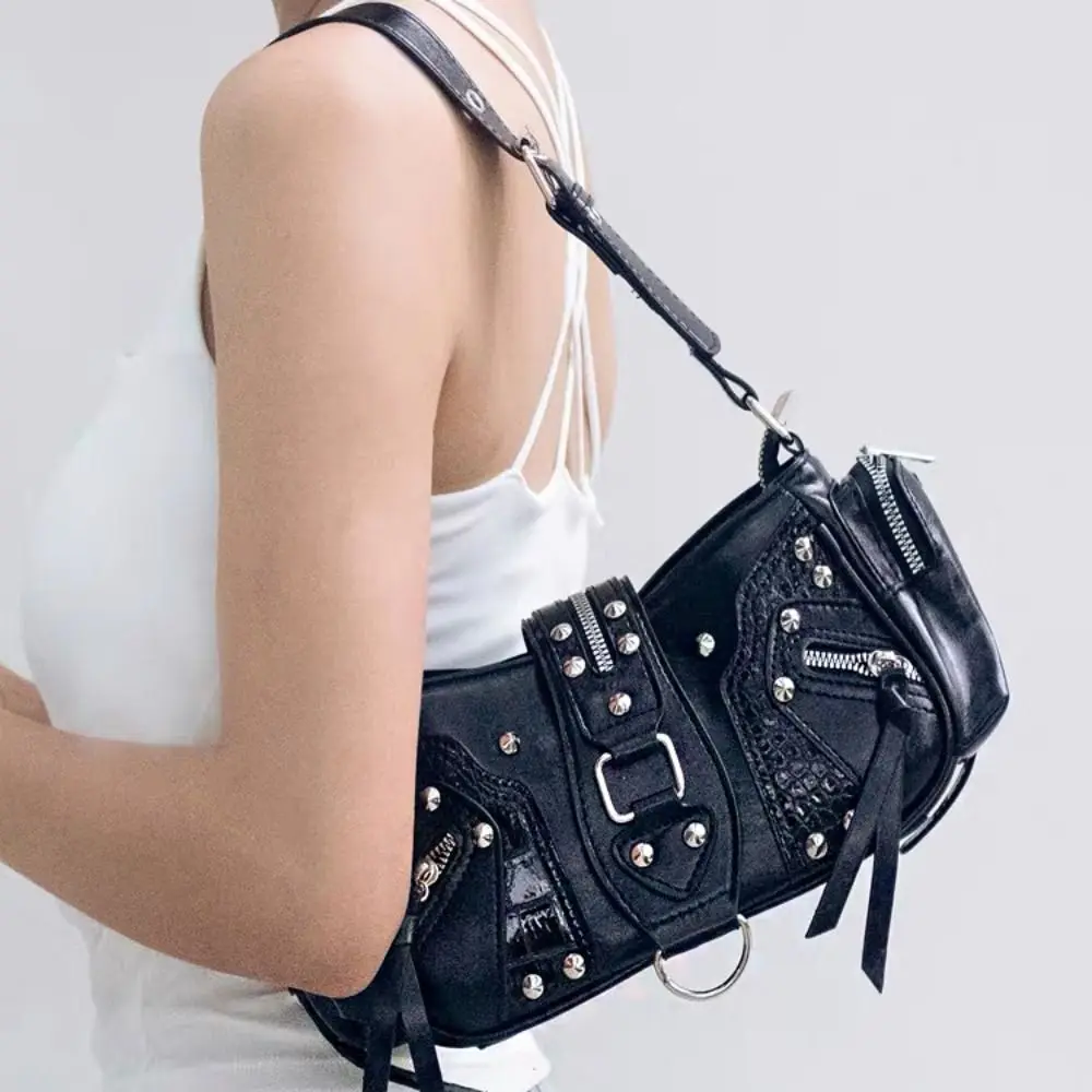 

Punk Y2K Retro Rivet Shoulder Bag Multi-pocket Oil Wax Leather Vintage Underarm Bag Fashion Spicy Girl Motorcycle Bag Streetwear
